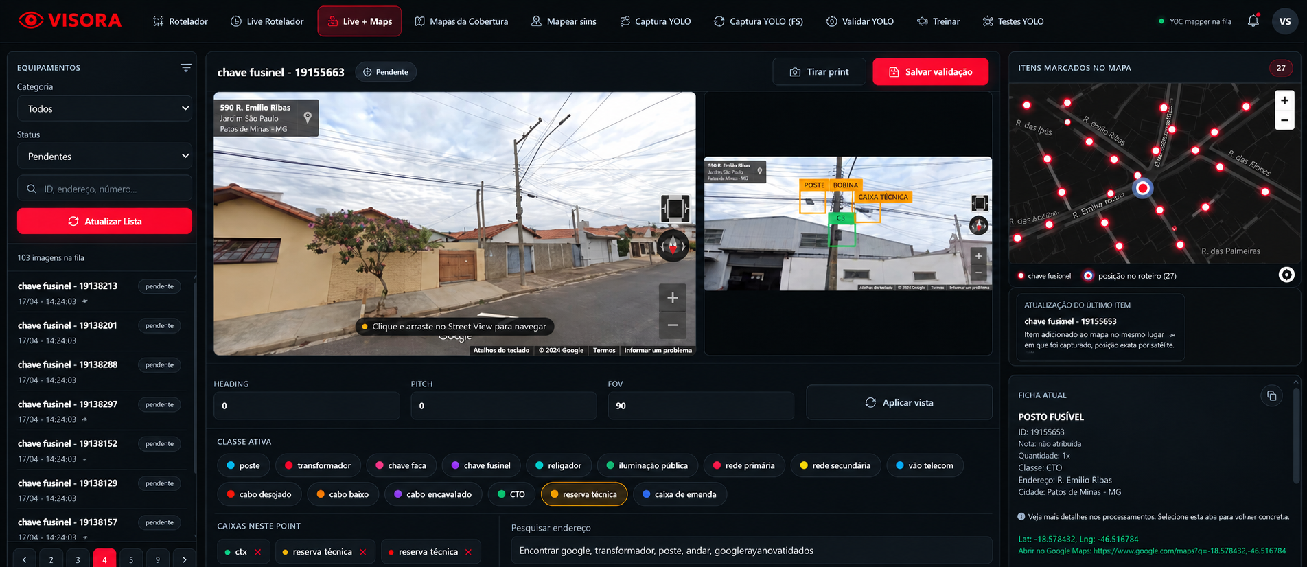 Interface Visora com imagens da rua, ativos identificados e pontos no mapa