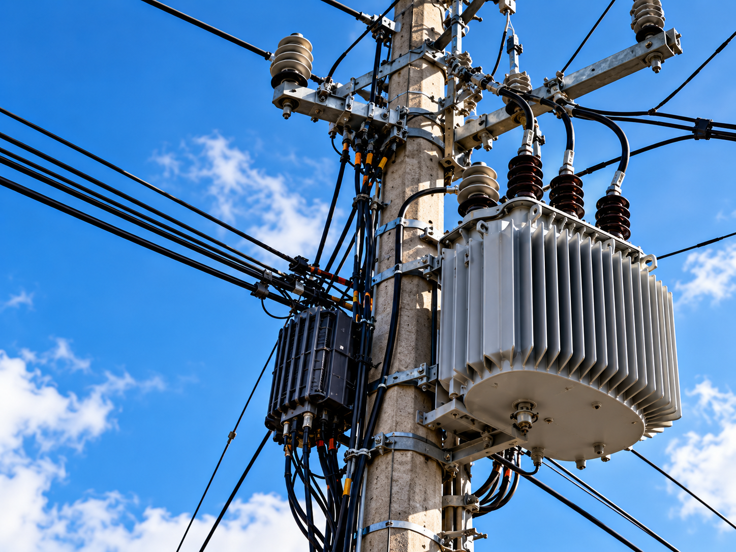 Transformador e equipamentos de distribuição de energia em um poste