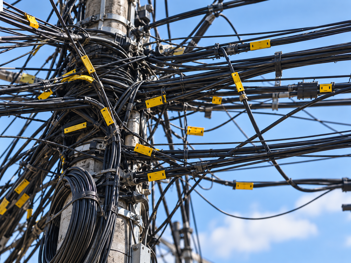 Poste com plaquetas amarelas identificando as redes de telecom