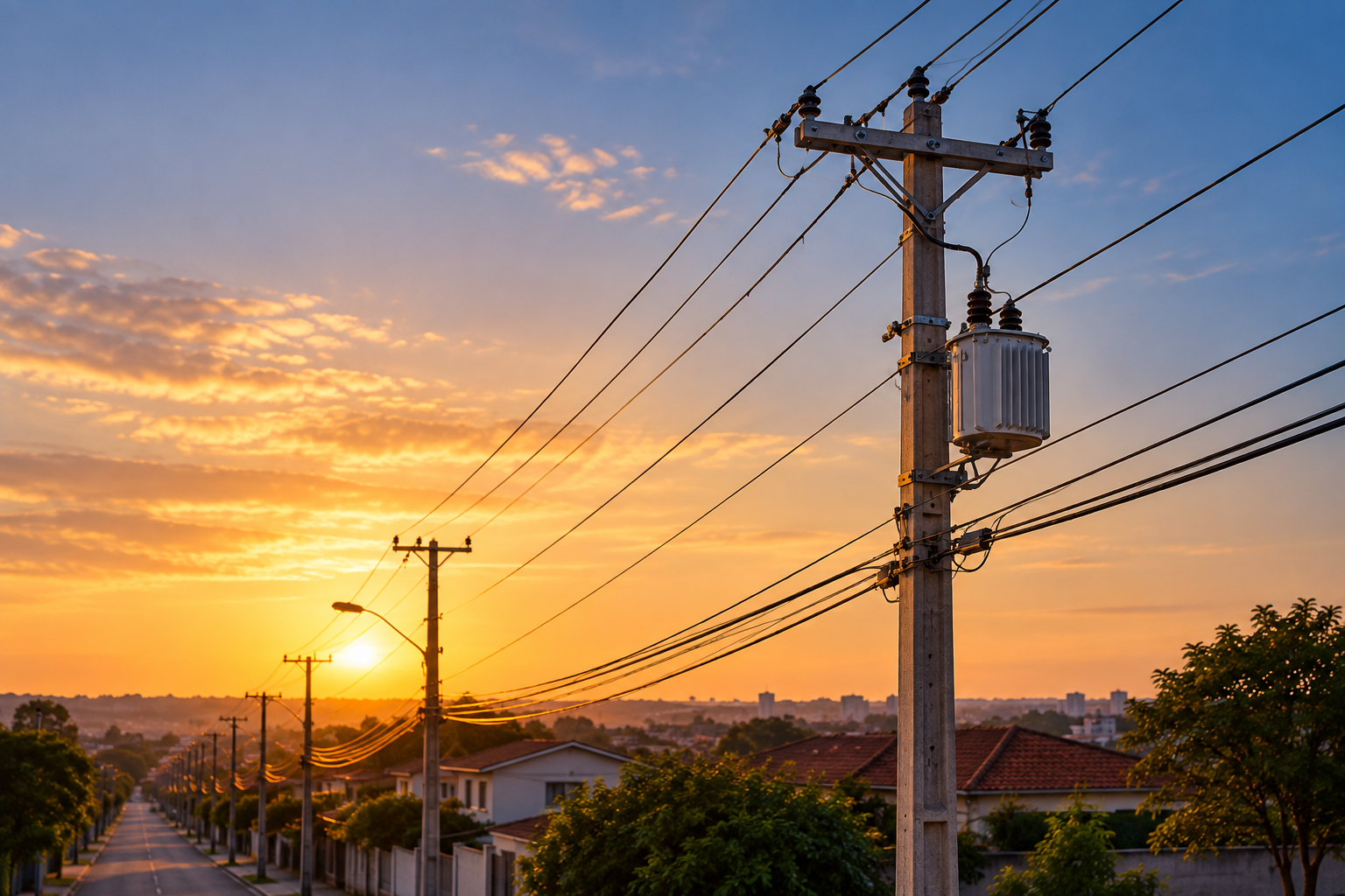Transformador e equipamentos instalados em um poste de distribuição